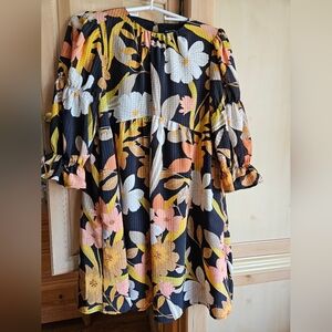 Who What Wear Black Dress with Yellow, Peach Floral Design. Puff Sleeve.